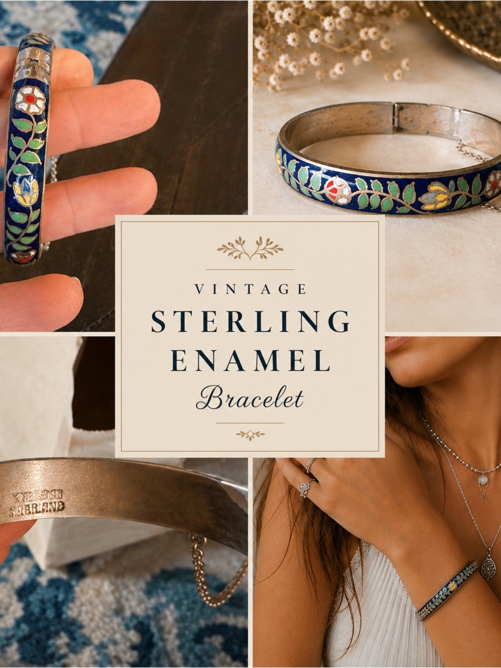Vintage Sterling Enamel Floral Bracelet - Blue, Green, Red, Yellow